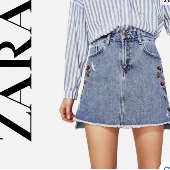 ZARA DENIM HIGH WAISTED FLORAL EMBROIDERED DISTRESSED CUT OFF MINI SKIRT SIZE XS - Picture 2 of 10